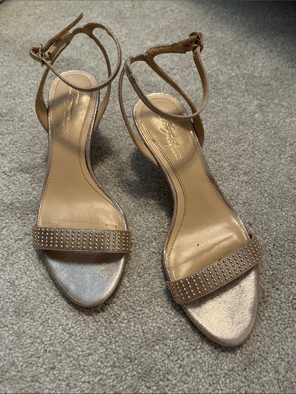 Studded Metallic Ankle-Strap Heels in Gold